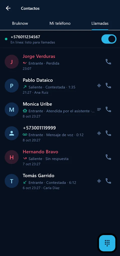 Call log in the bruknow app
