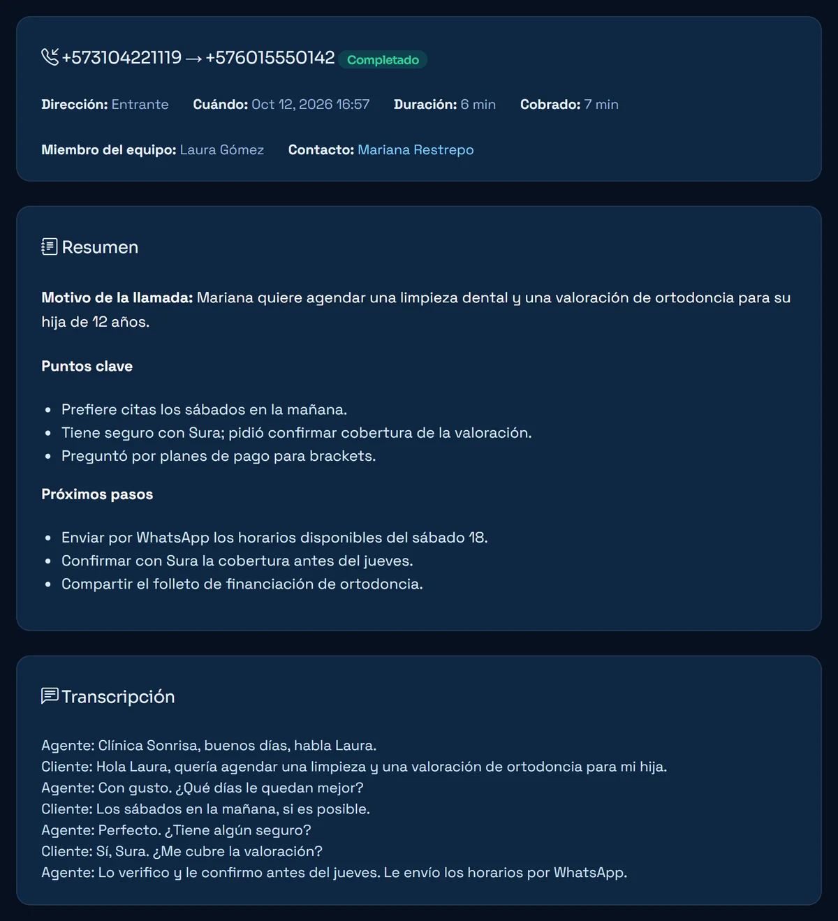 Call page with the AI summary and the transcript
